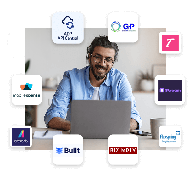 Man on laptop device surrounded by other popular ADP Marketplace logos, including ADP API Central, JazzHR, Clock Shark, 7shifts, Onboard by HR Cloud, Points North, Employee Navigator, Report It, Built, and Org Chart