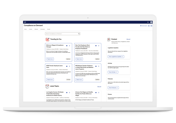 ADP workforce management compliance on demand laptop view